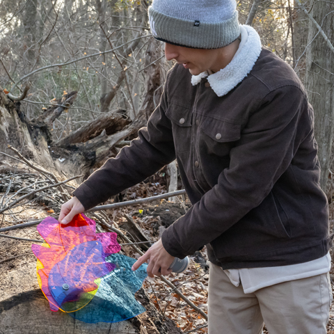 Design student sets up display in Rutgers Gardens